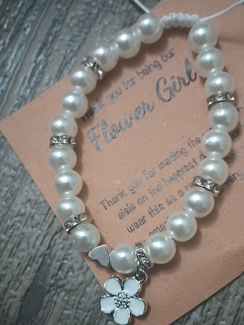 White Pearl Bead Bracelet with Silver Flower Charm